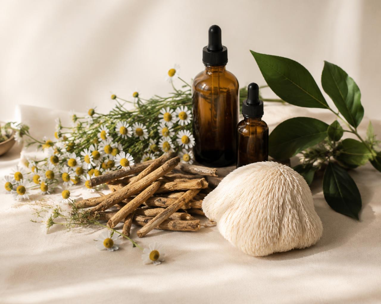 Chamomile, ashwagandha root, lion's mane mushroom and amber tincture bottles on linen